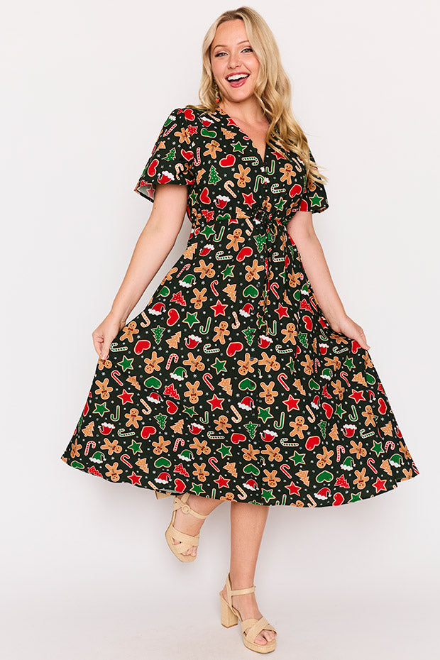 Marley Cotton Gingerbread Cookie Christmas Dress – Gingerbread Cookie Christmas midi dress