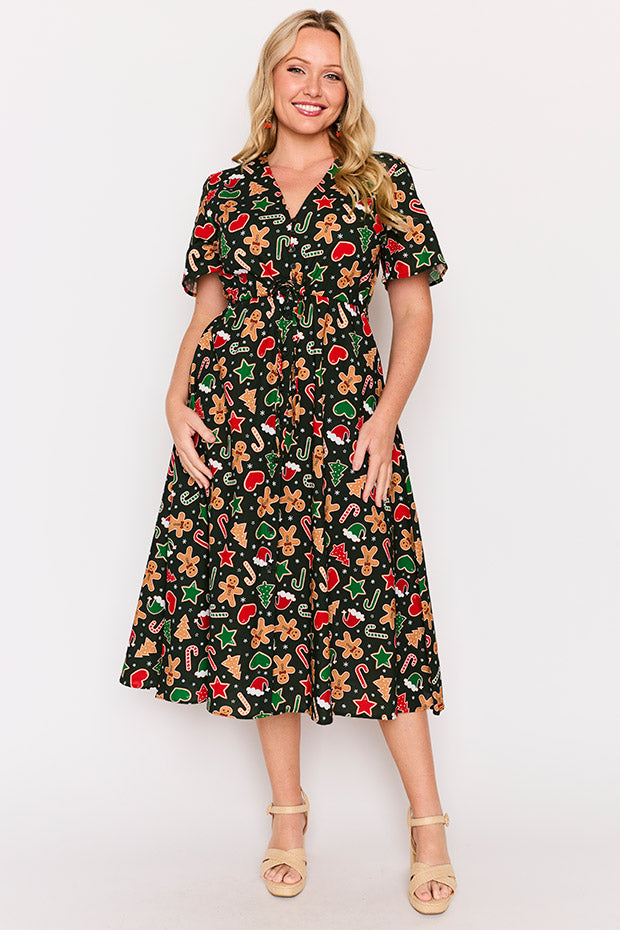 Marley Cotton Gingerbread Cookie Christmas Dress – Gingerbread Cookie Christmas midi dress