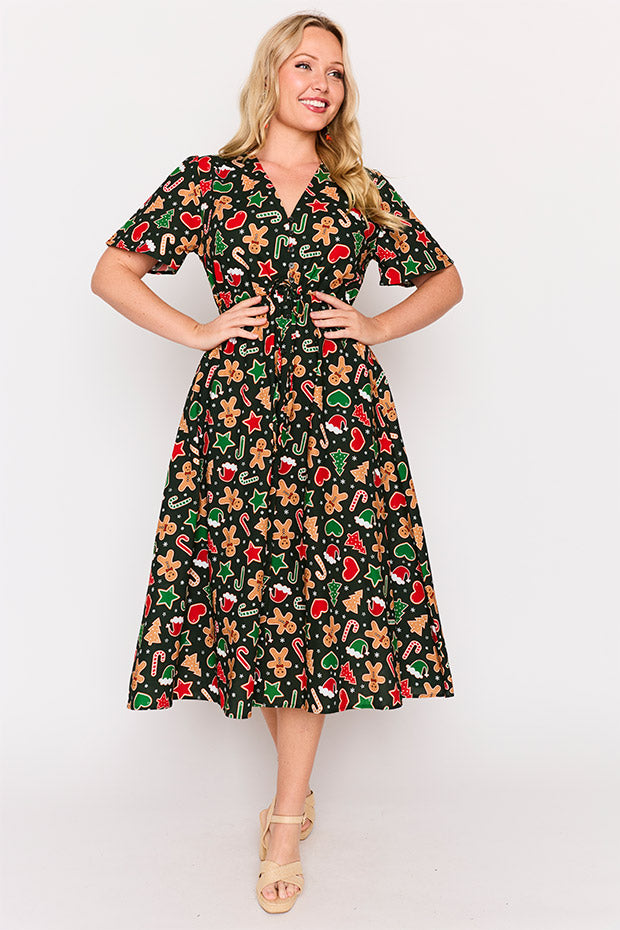 Marley Cotton Gingerbread Cookie Christmas Dress – Gingerbread Cookie Christmas midi dress