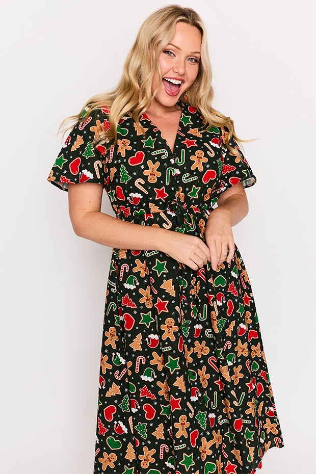 Marley Cotton Gingerbread Cookie Christmas Dress – Gingerbread Cookie Christmas midi dress