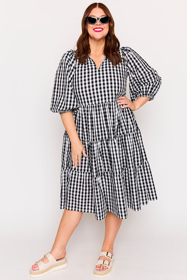 Crystal Black Gingham Dress – Black Gingham midi dress