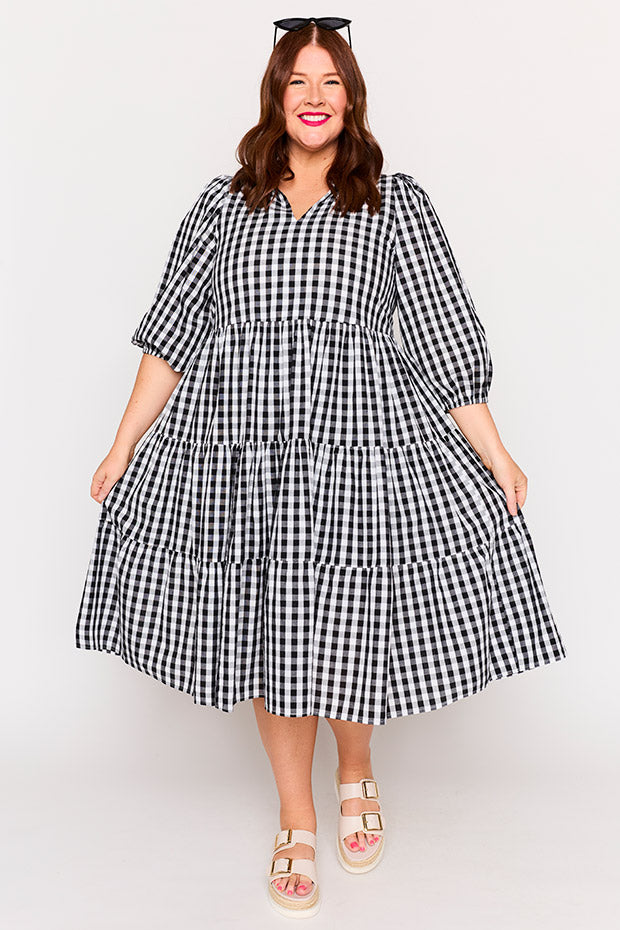 Crystal Black Gingham Dress – Black Gingham midi dress