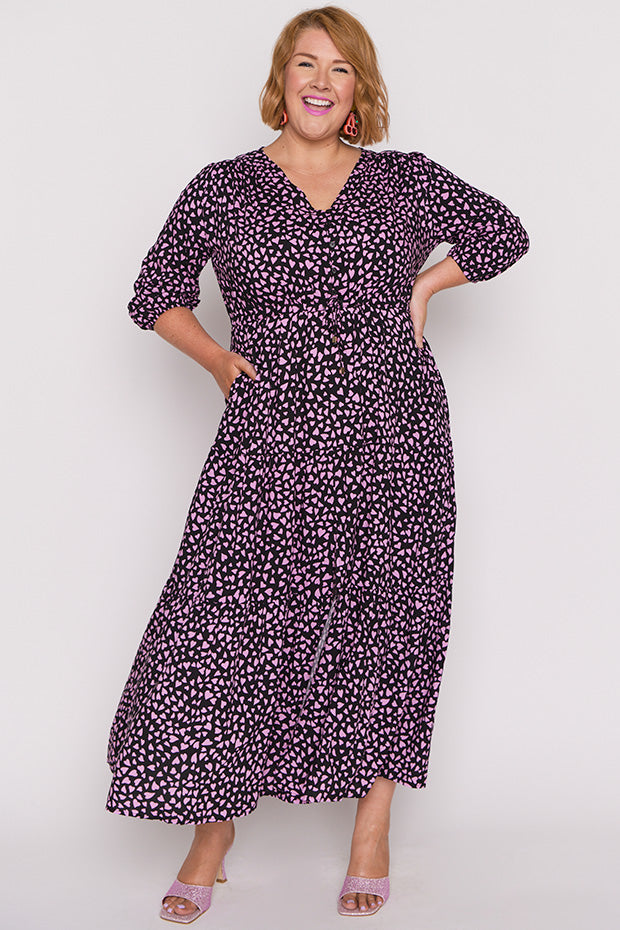 Adeline Abstract Hearts Black Pink Maxi Dress – Abstract Hearts Black Pink maxi dress