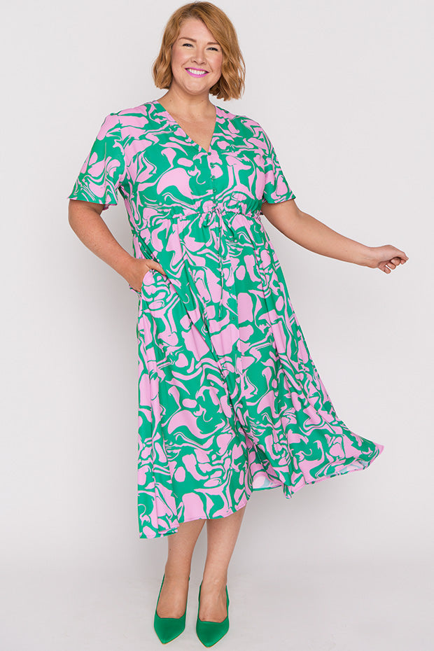 Marley Green Pink Abstract Dress – Green Pink Abstract midi dress