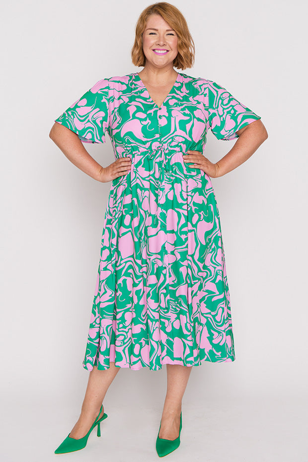 Marley Green Pink Abstract Dress – Green Pink Abstract midi dress