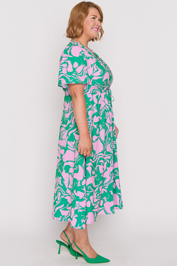 Marley Green Pink Abstract Dress – Green Pink Abstract midi dress