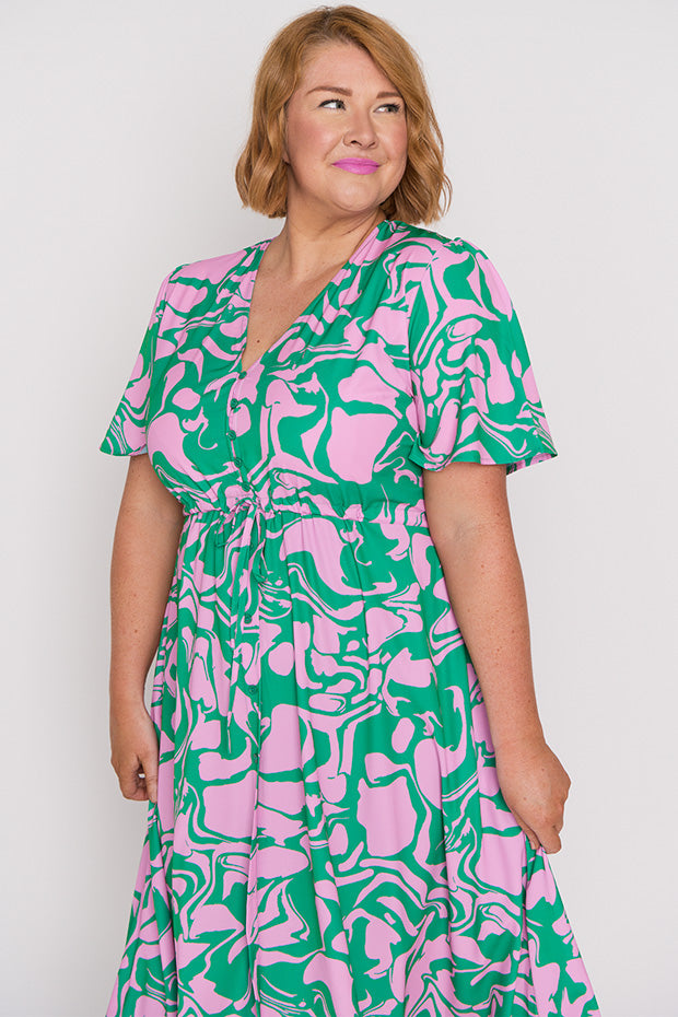 Marley Green Pink Abstract Dress – Green Pink Abstract midi dress