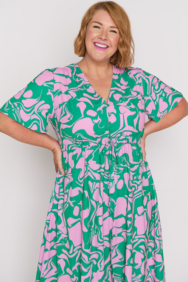 Marley Green Pink Abstract Dress – Green Pink Abstract midi dress