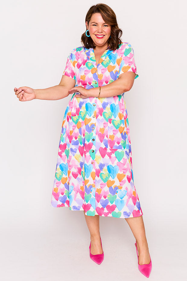 Florence Painterly Rainbow Hearts Dress – Painterly Rainbow Hearts midi dress