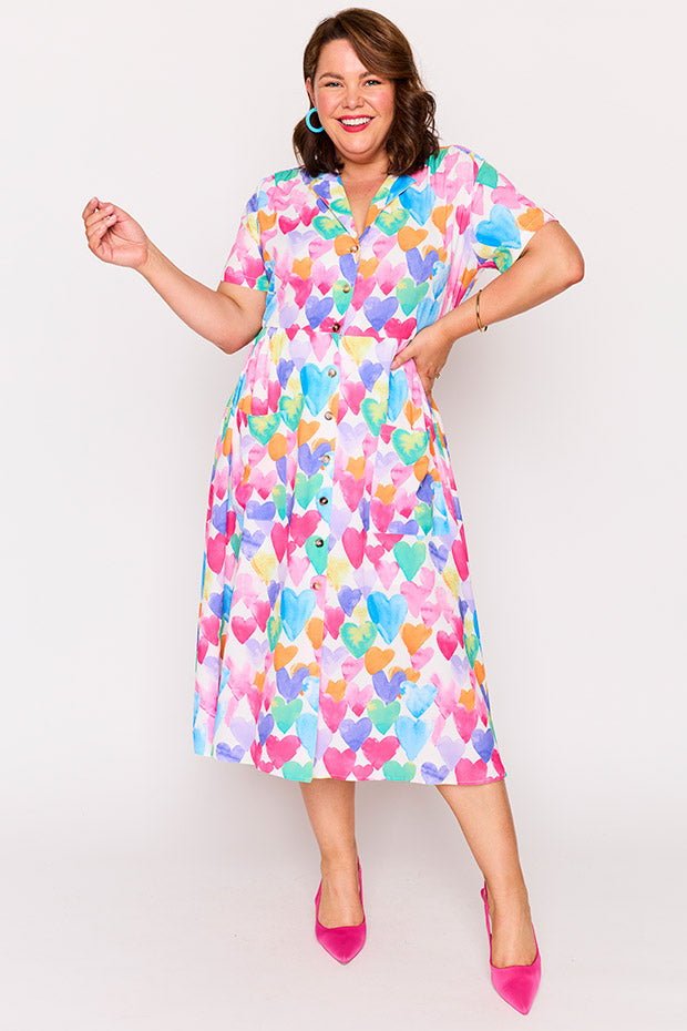 Florence Painterly Rainbow Hearts Dress – Painterly Rainbow Hearts midi dress