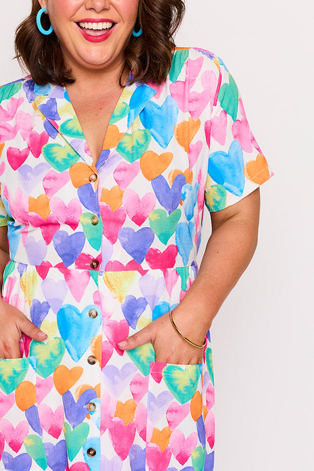 Florence Painterly Rainbow Hearts Dress – Painterly Rainbow Hearts midi dress