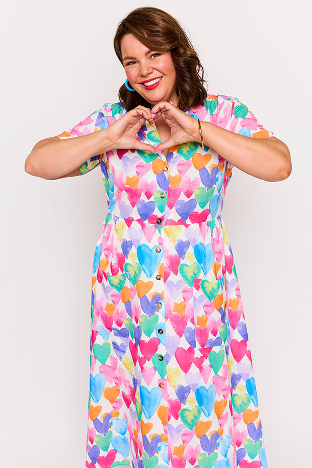 Florence Painterly Rainbow Hearts Dress – Painterly Rainbow Hearts midi dress