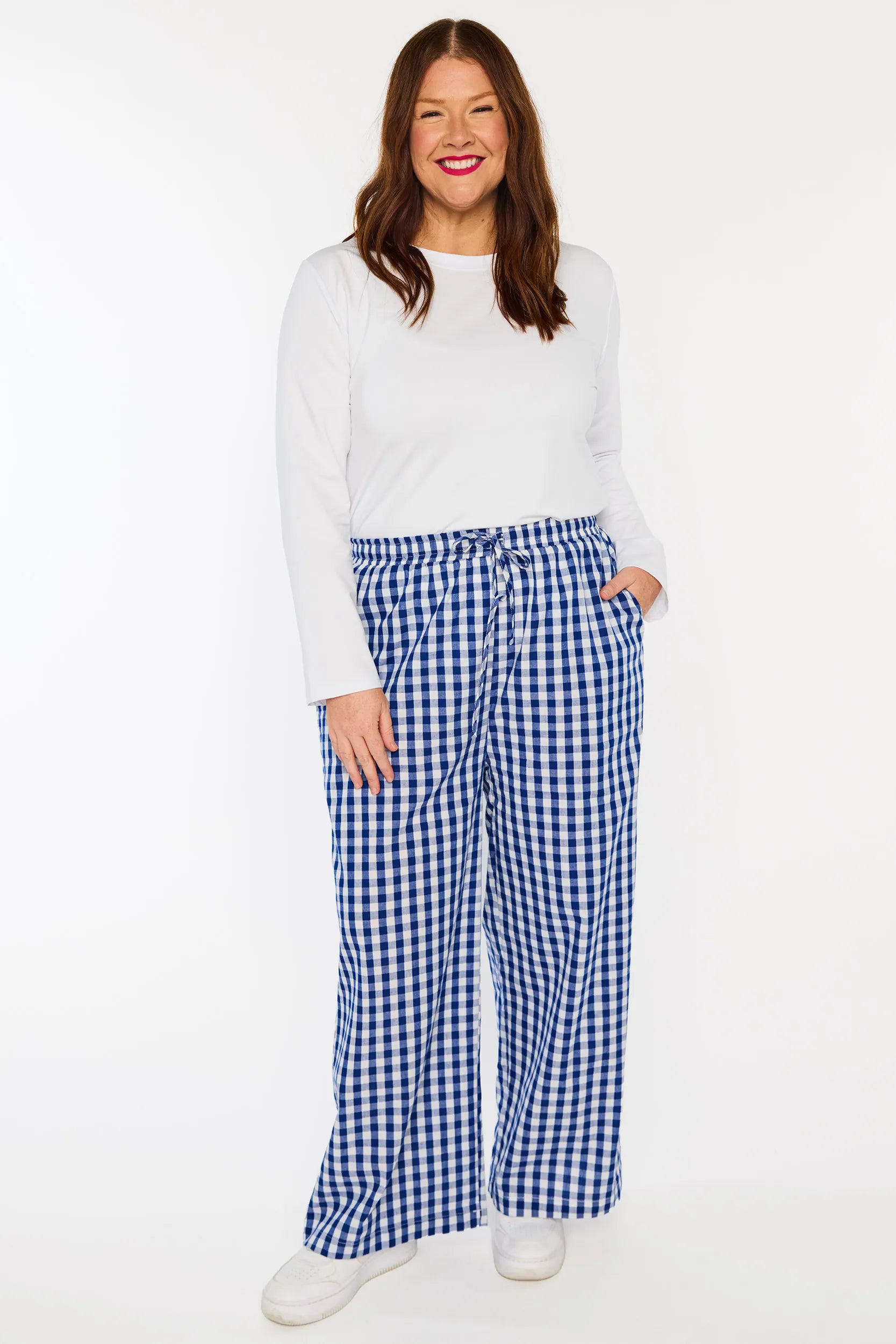 Beyond Navy Gingham Pant – Navy Gingham wide leg pants