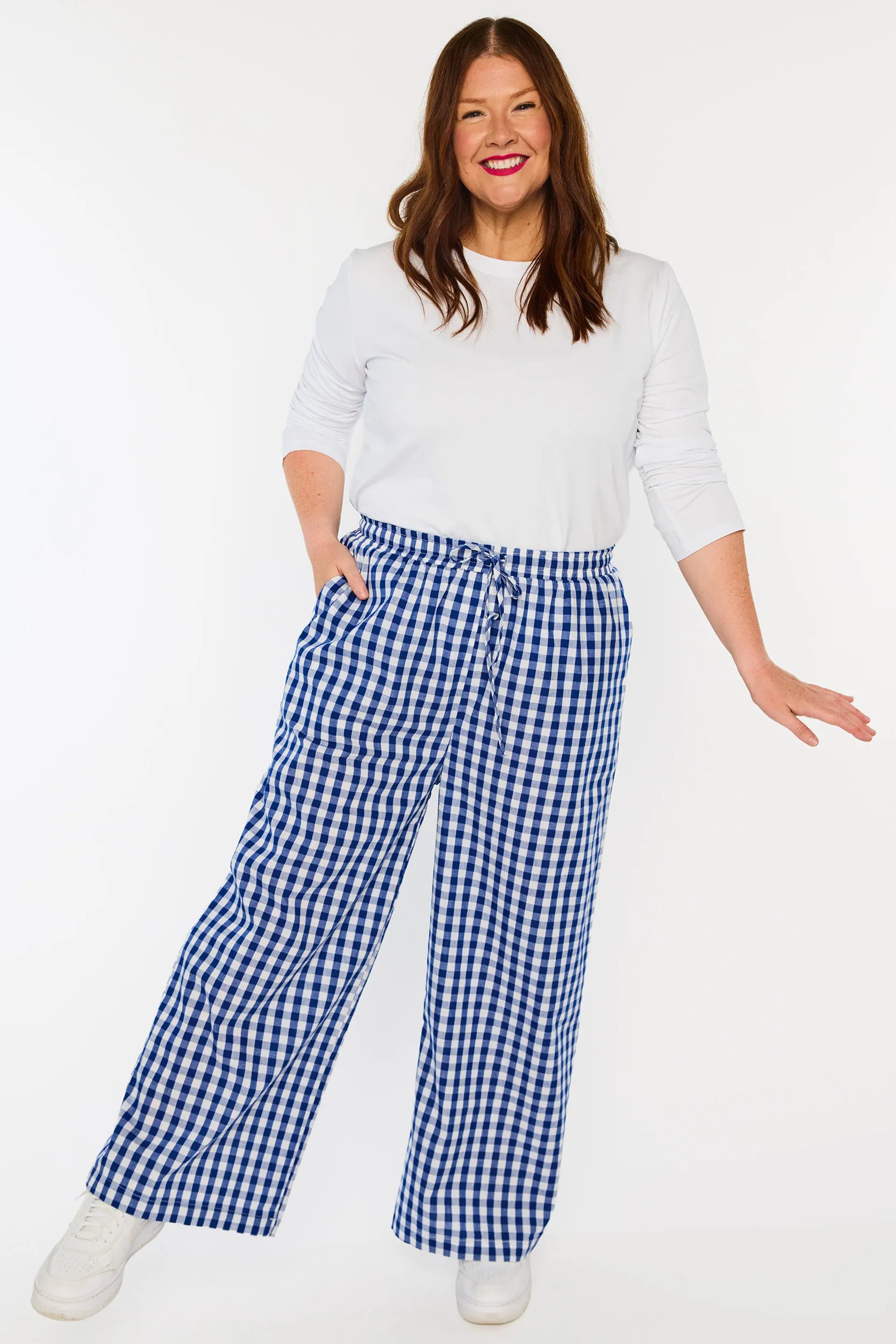 Beyond Navy Gingham Pant – Navy Gingham wide leg pants