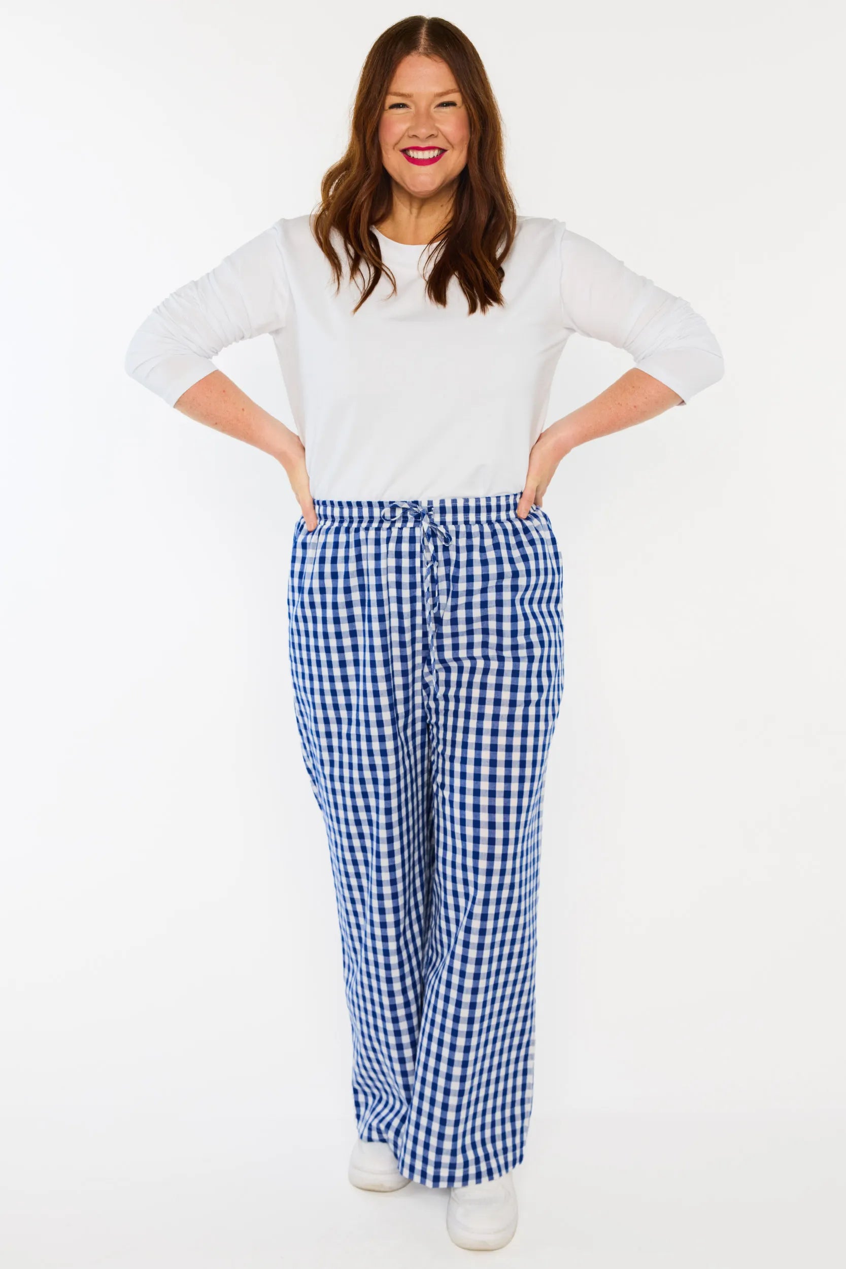 Beyond Navy Gingham Pant – Navy Gingham wide leg pants