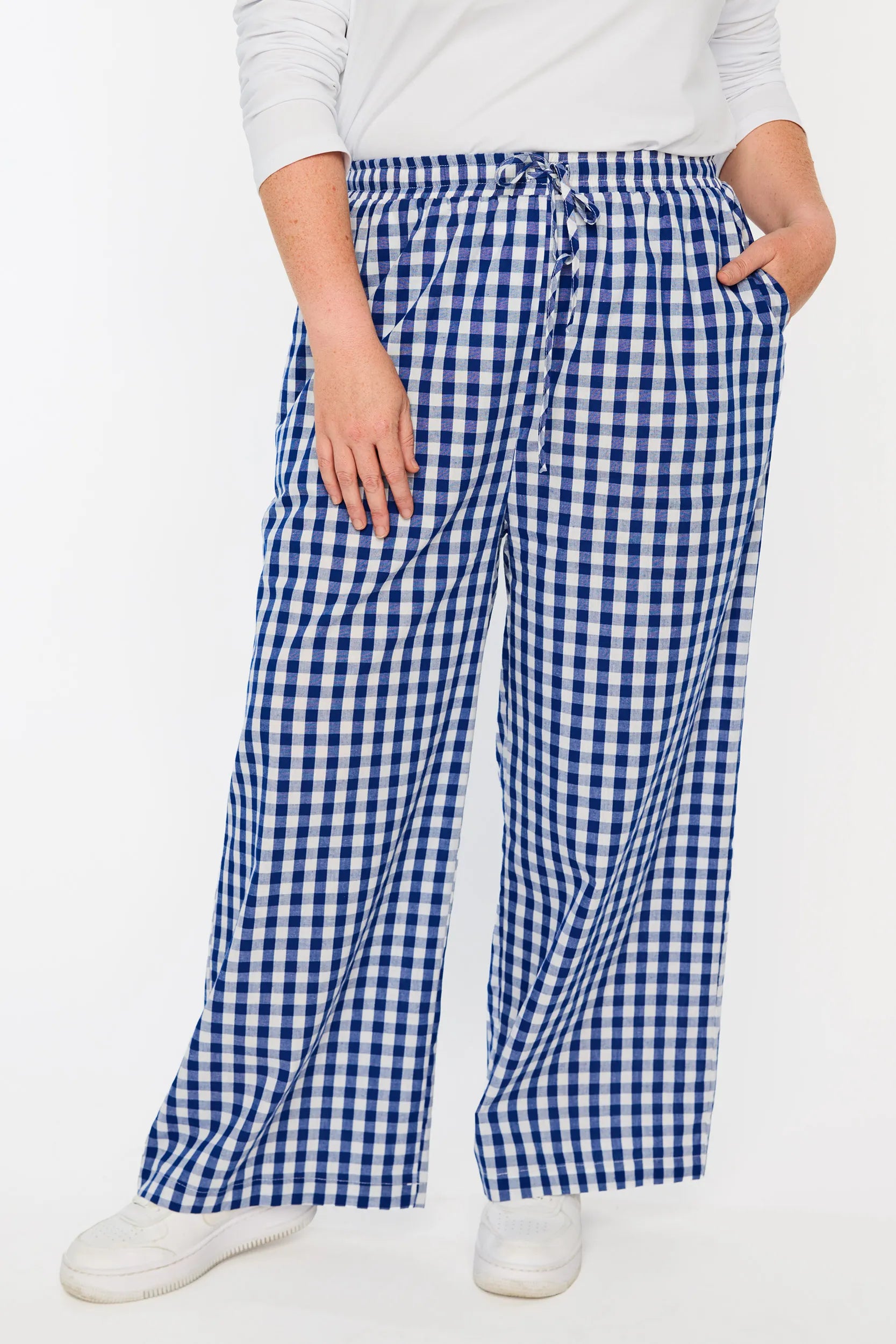 Beyond Navy Gingham Pant – Navy Gingham wide leg pants