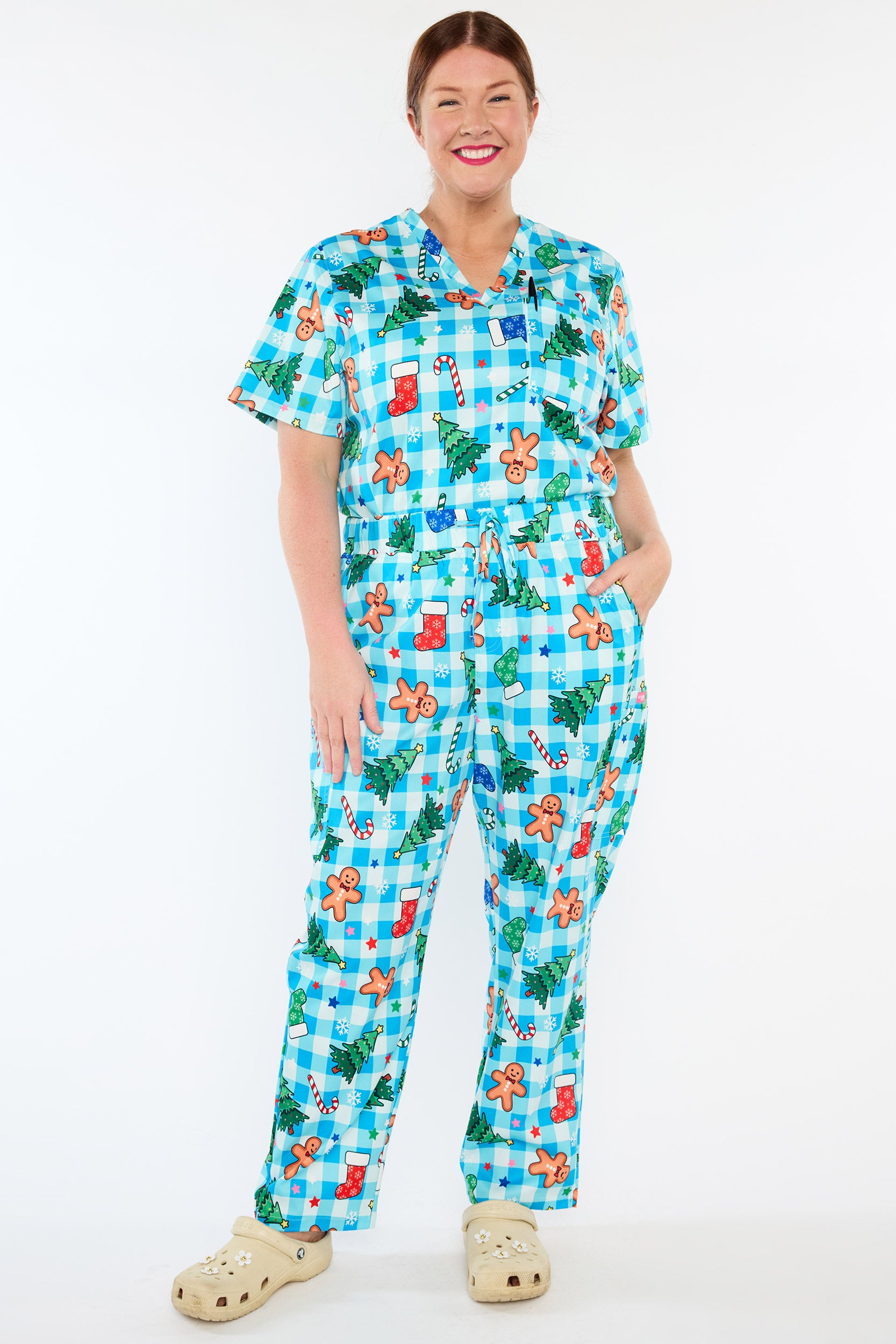 Cristina Christmas On Gingham Blue Scrub Pant (Pre-Order)