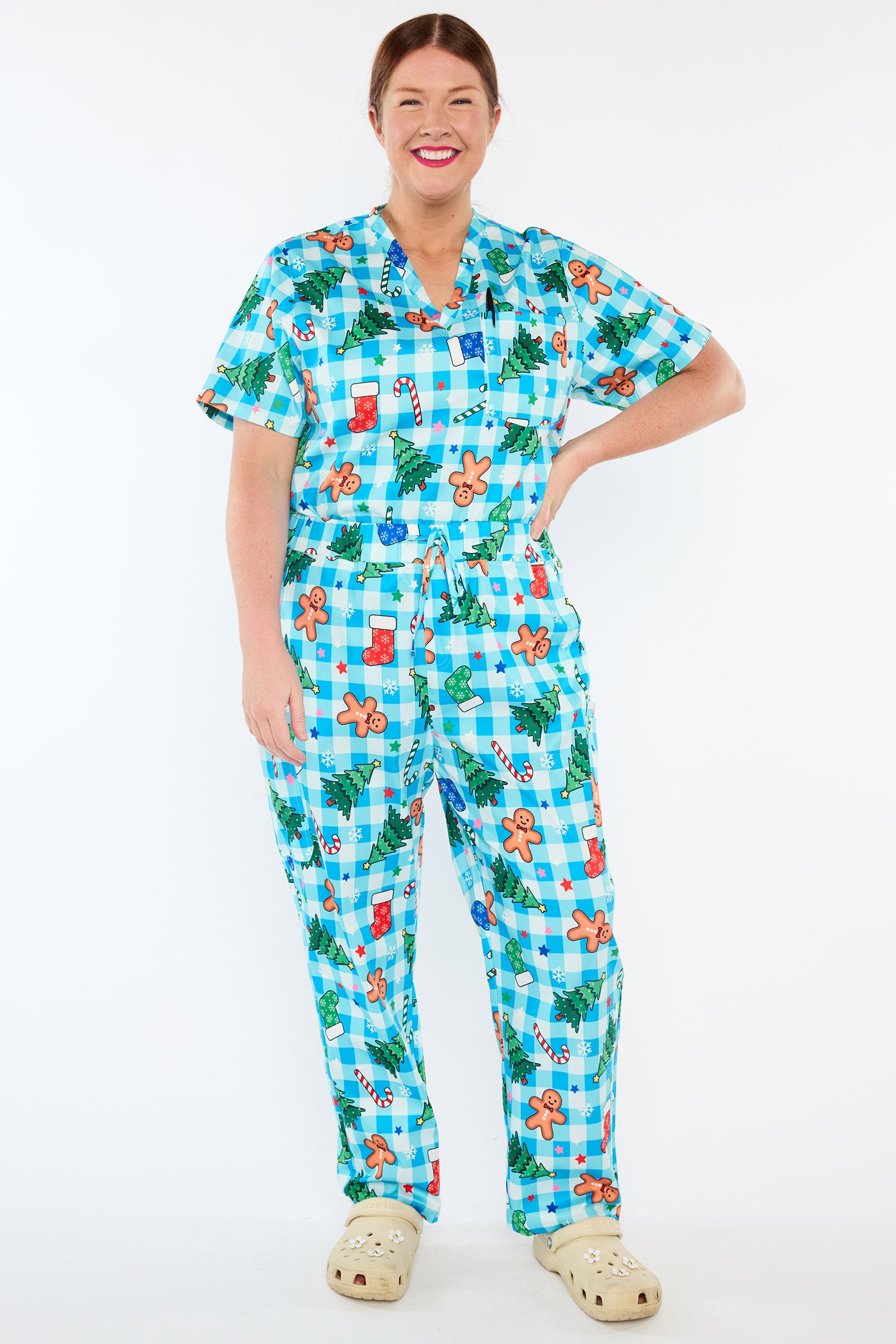 Cristina Christmas On Gingham Blue Scrub Pant (Pre-Order)