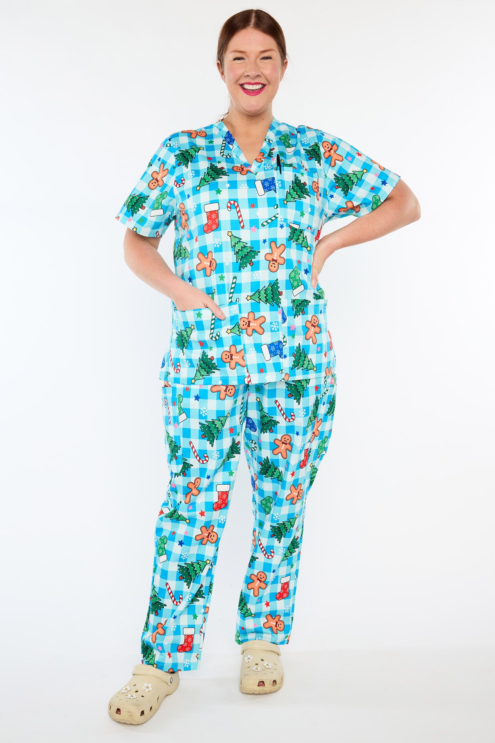 Meredith Christmas On Gingham Blue Scrub Top (Pre-Order)