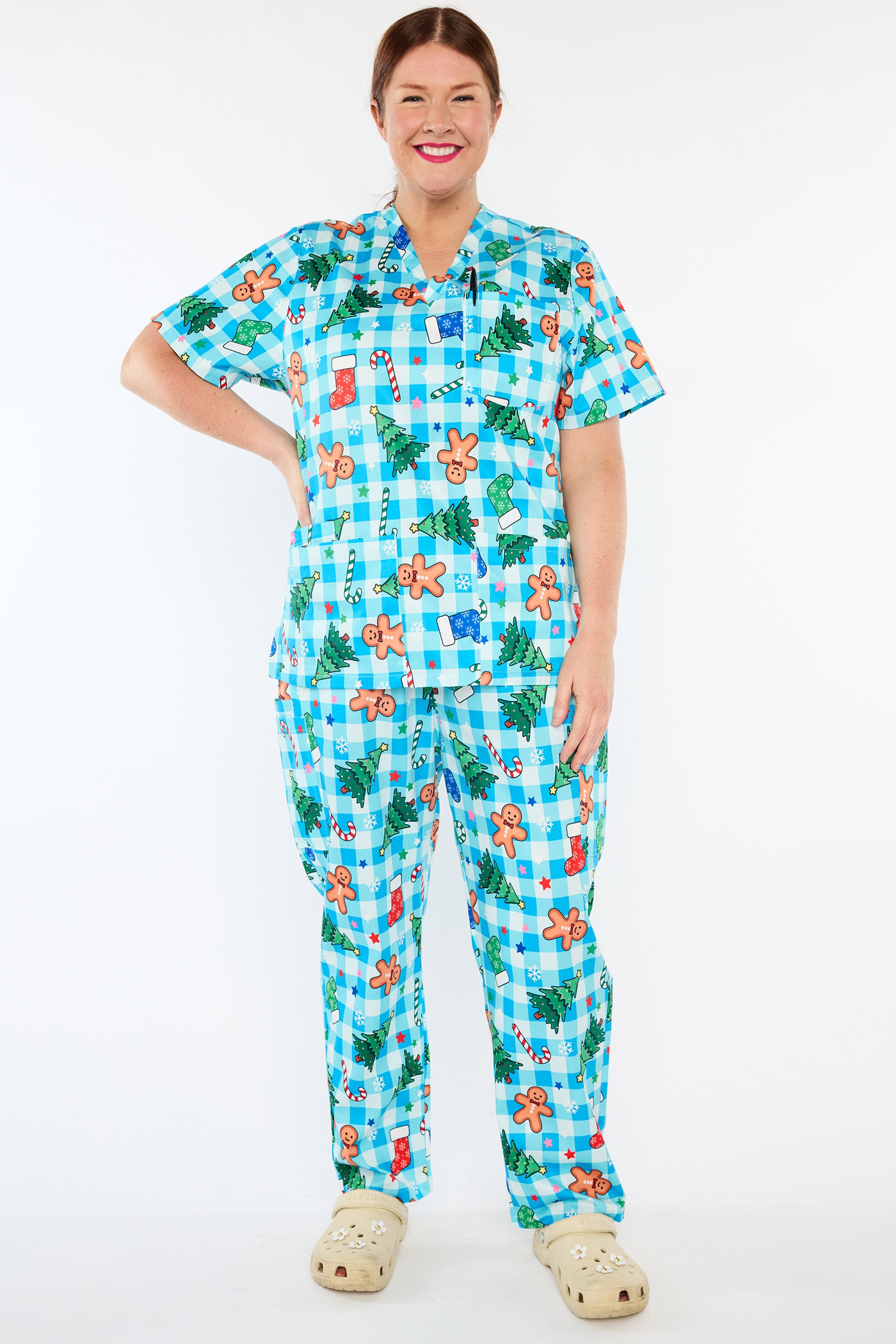 Meredith Christmas On Gingham Blue Scrub Top (Pre-Order)