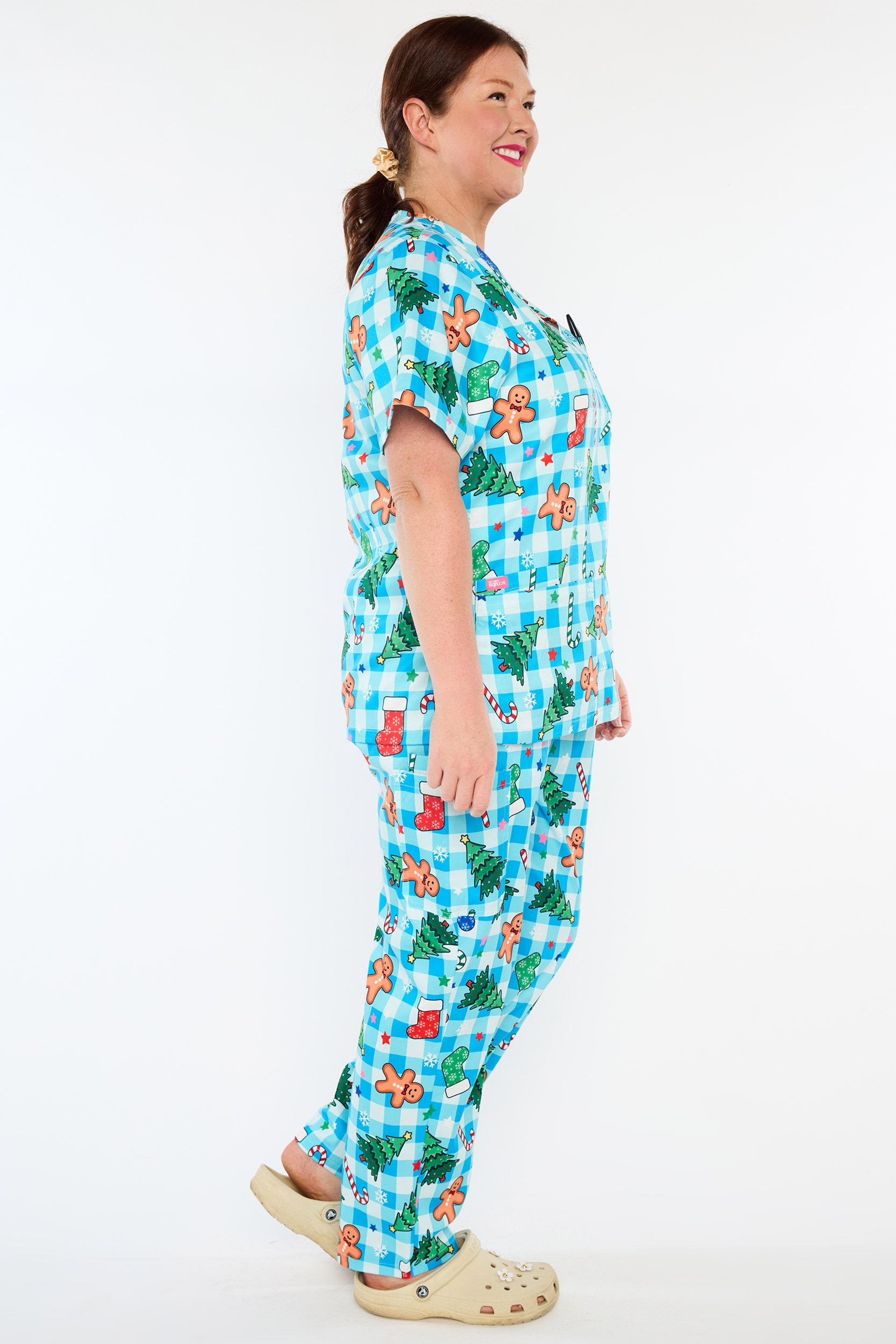Meredith Christmas On Gingham Blue Scrub Top (Pre-Order)