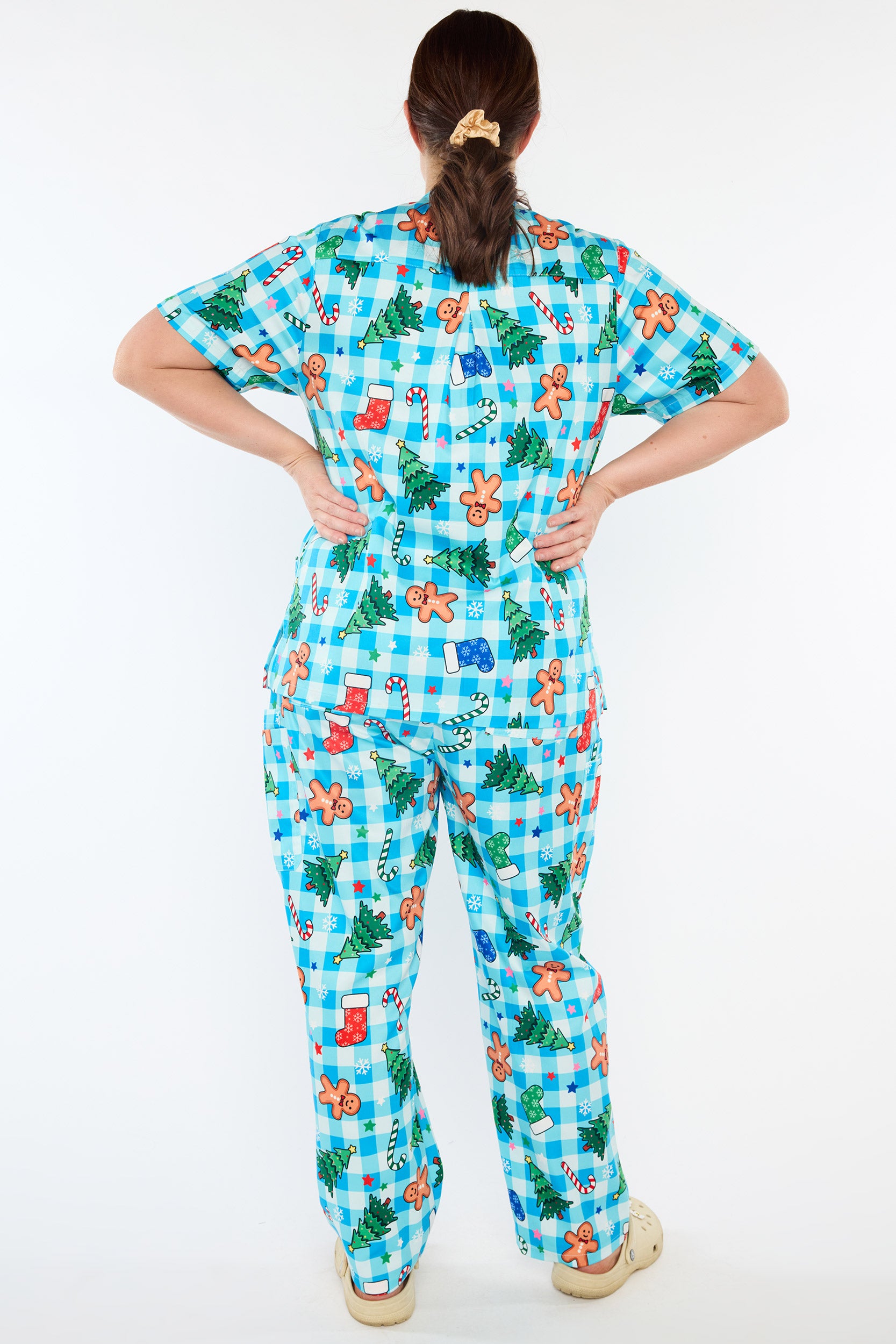 Meredith Christmas On Gingham Blue Scrub Top (Pre-Order)