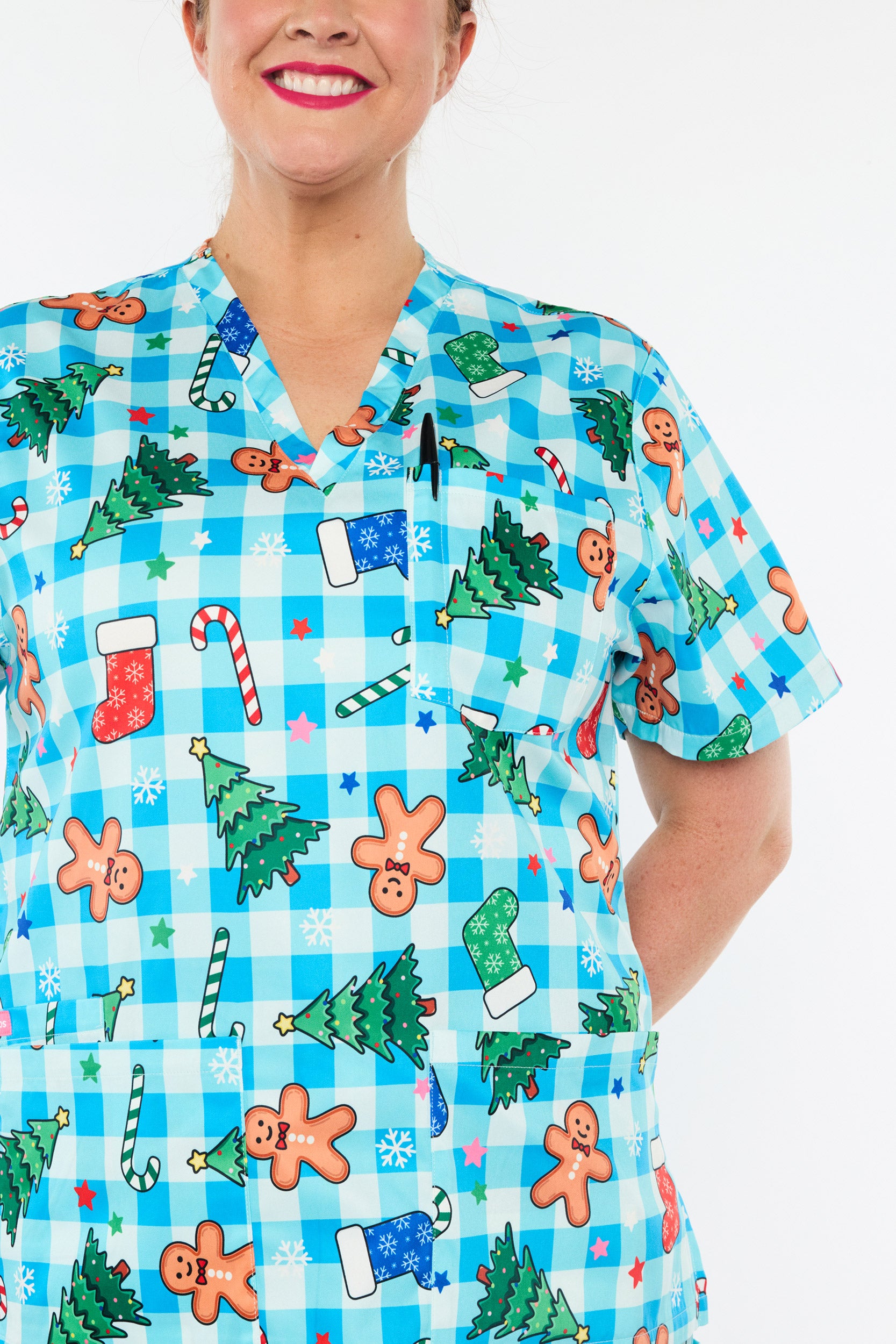 Meredith Christmas On Gingham Blue Scrub Top (Pre-Order)