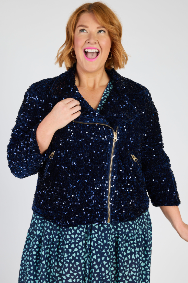 Kaitlin Navy Sequins Biker Jacket – Navy Sequins biker jacket