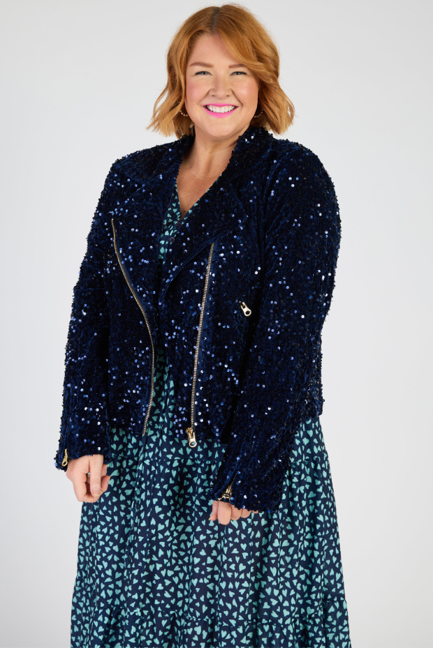 Kaitlin Navy Sequins Biker Jacket – Navy Sequins biker jacket