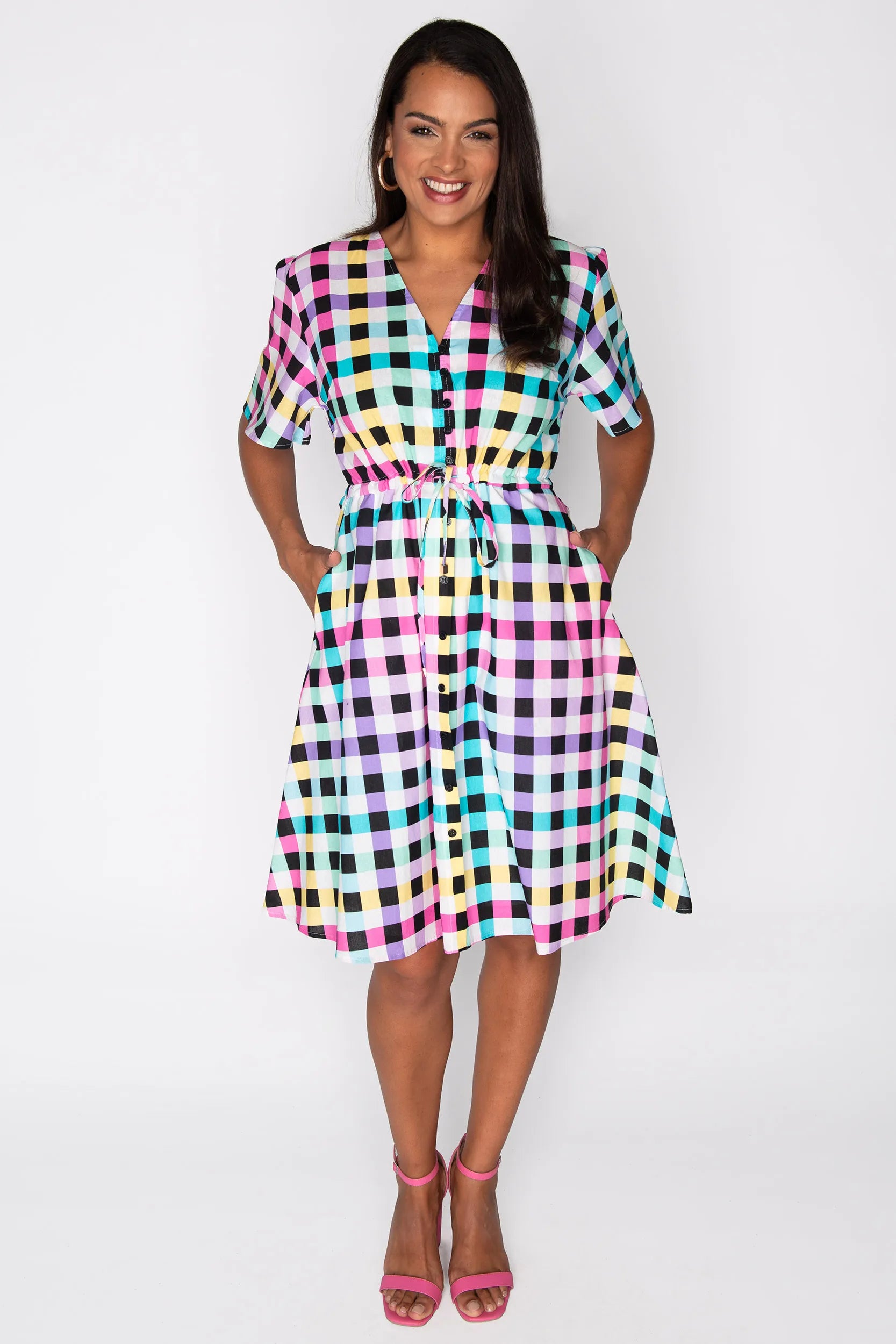 Siena Cotton Black Rainbow Gingham Dress – Black Rainbow Gingham knee length dress