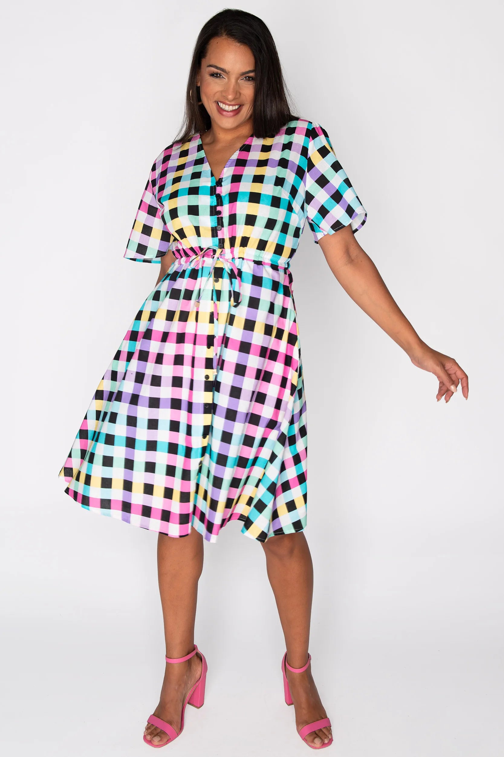 Siena Cotton Black Rainbow Gingham Dress – Black Rainbow Gingham knee length dress