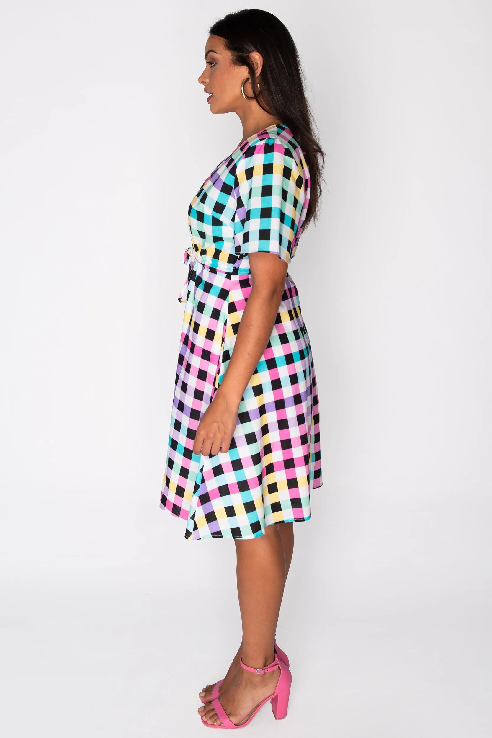 Siena Cotton Black Rainbow Gingham Dress – Black Rainbow Gingham knee length dress