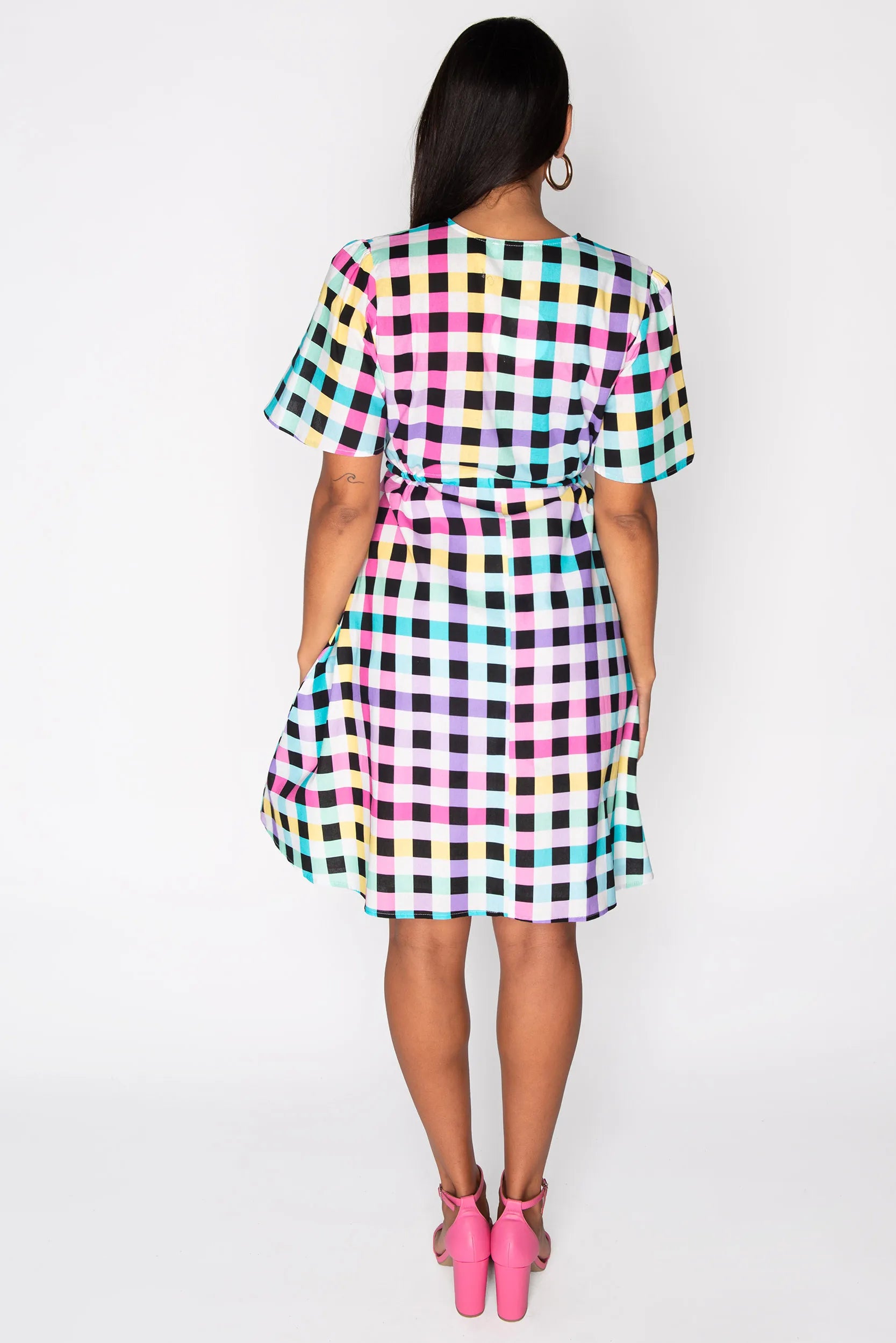 Siena Cotton Black Rainbow Gingham Dress – Black Rainbow Gingham knee length dress