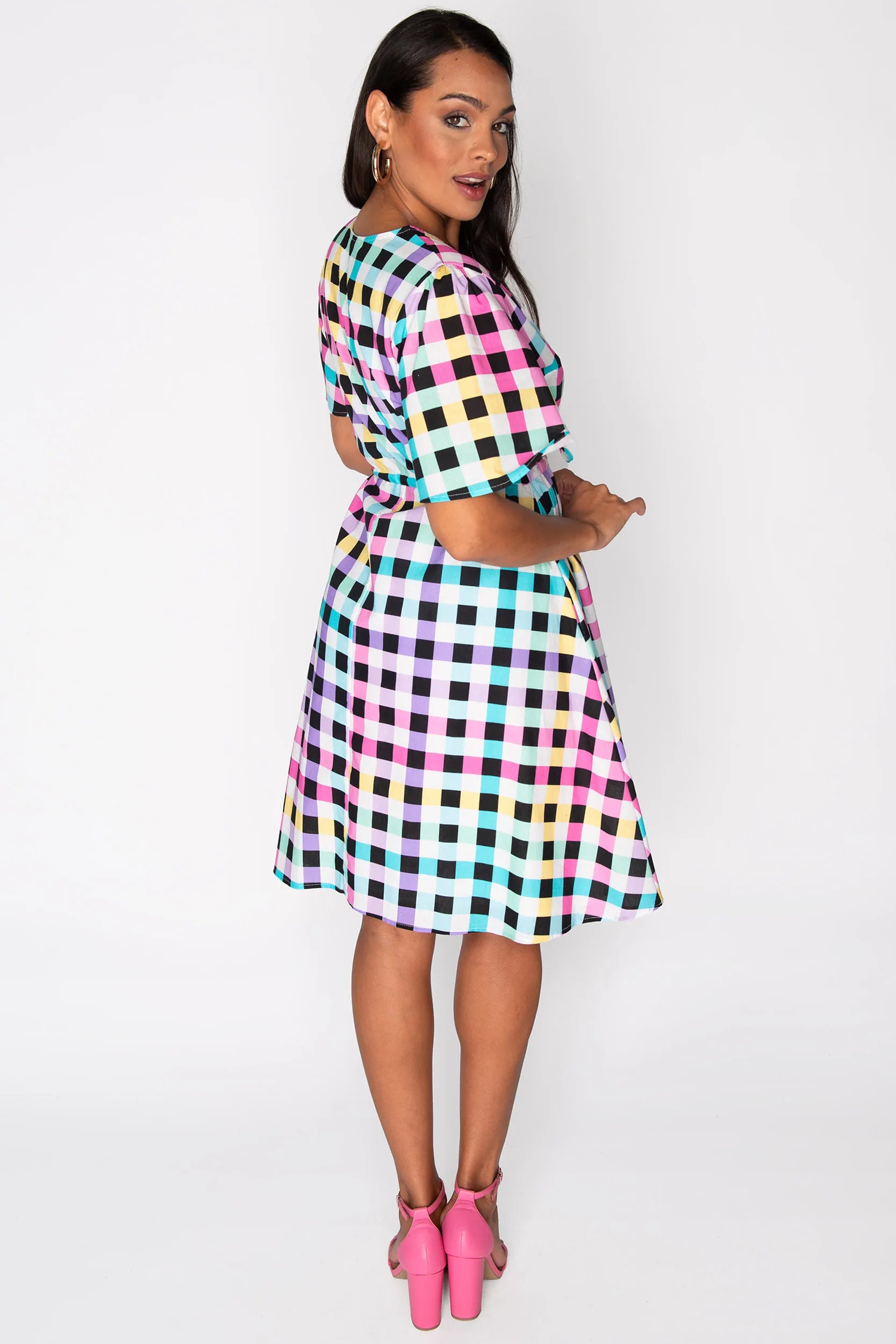 Siena Cotton Black Rainbow Gingham Dress – Black Rainbow Gingham knee length dress