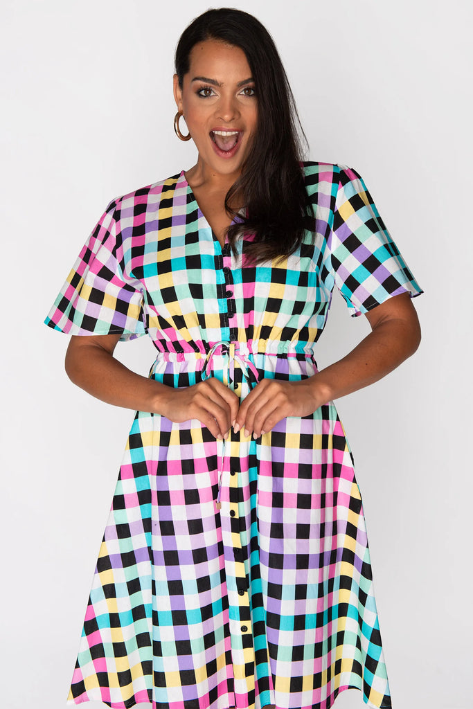 Siena Cotton Black Rainbow Gingham Dress