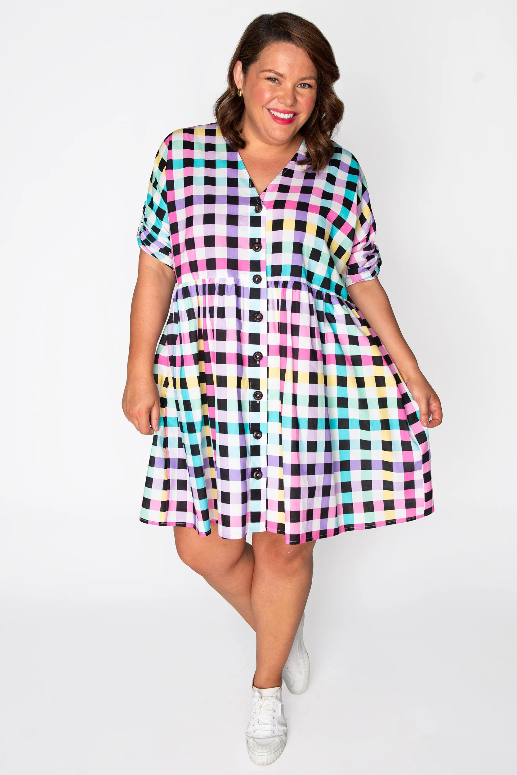 Adina Black Rainbow Gingham Dress – Black Rainbow Gingham knee length dress