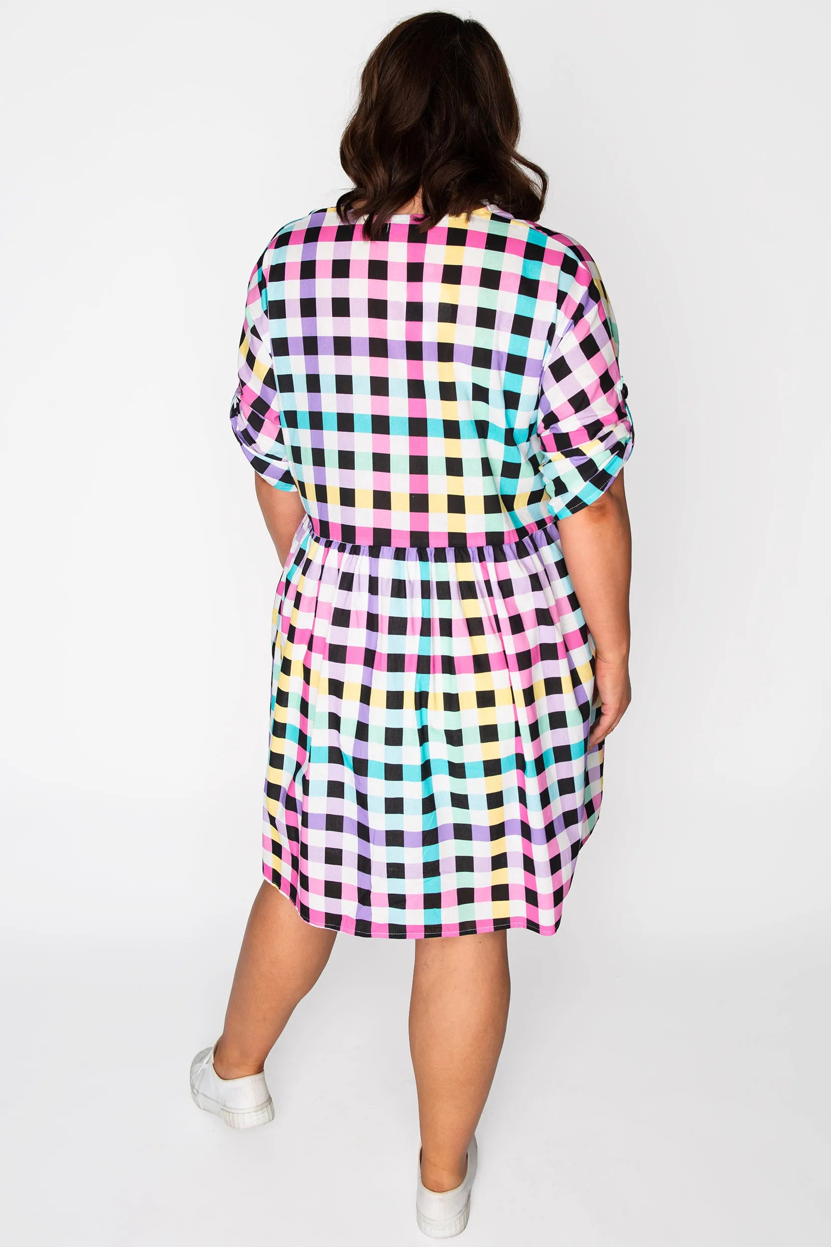 Adina Black Rainbow Gingham Dress – Black Rainbow Gingham knee length dress