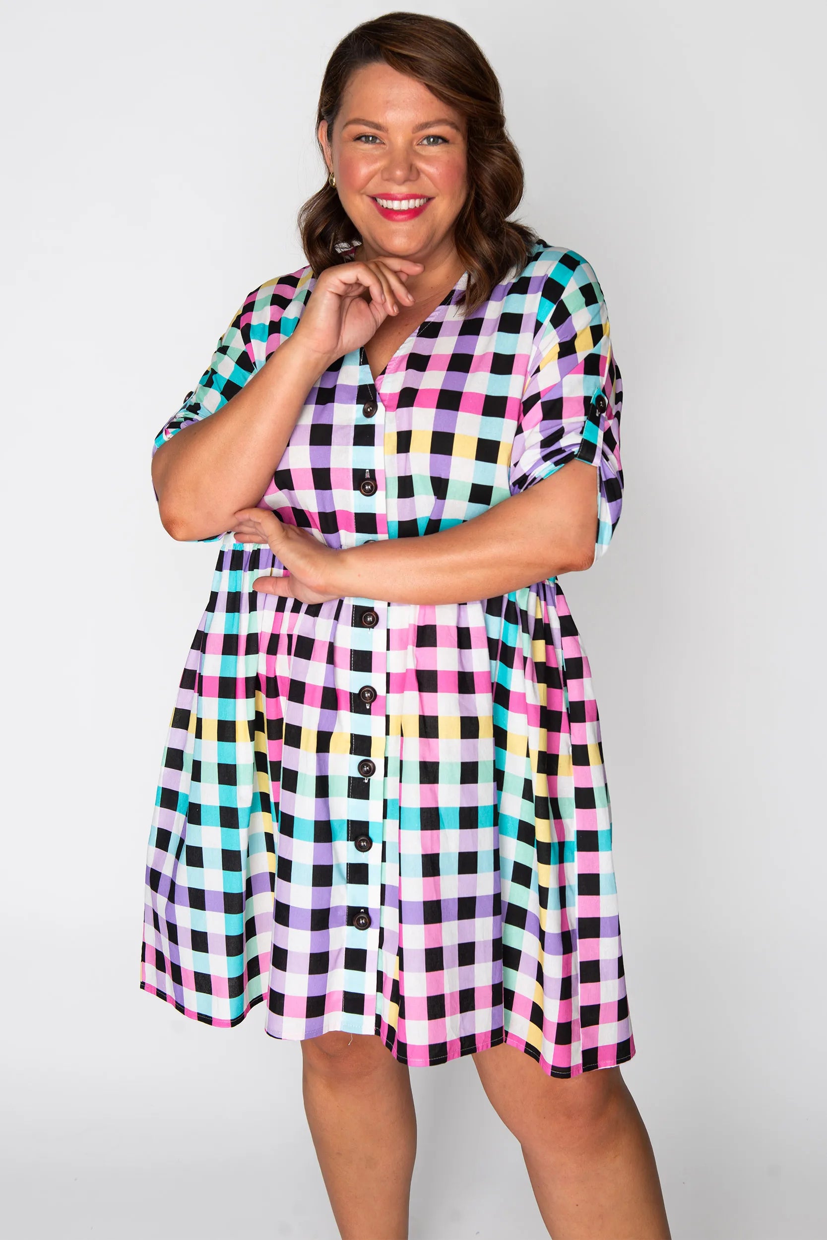 Adina Black Rainbow Gingham Dress – Black Rainbow Gingham knee length dress
