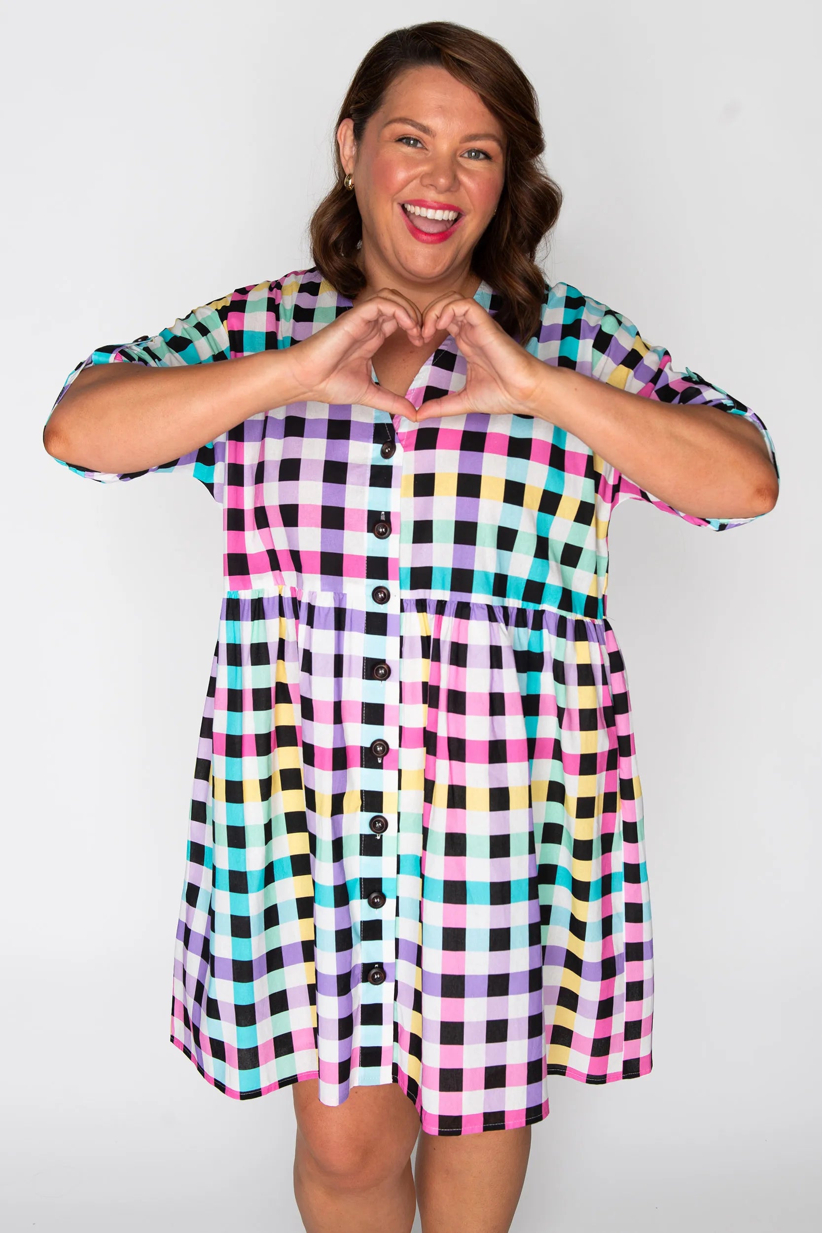 Adina Black Rainbow Gingham Dress – Black Rainbow Gingham knee length dress