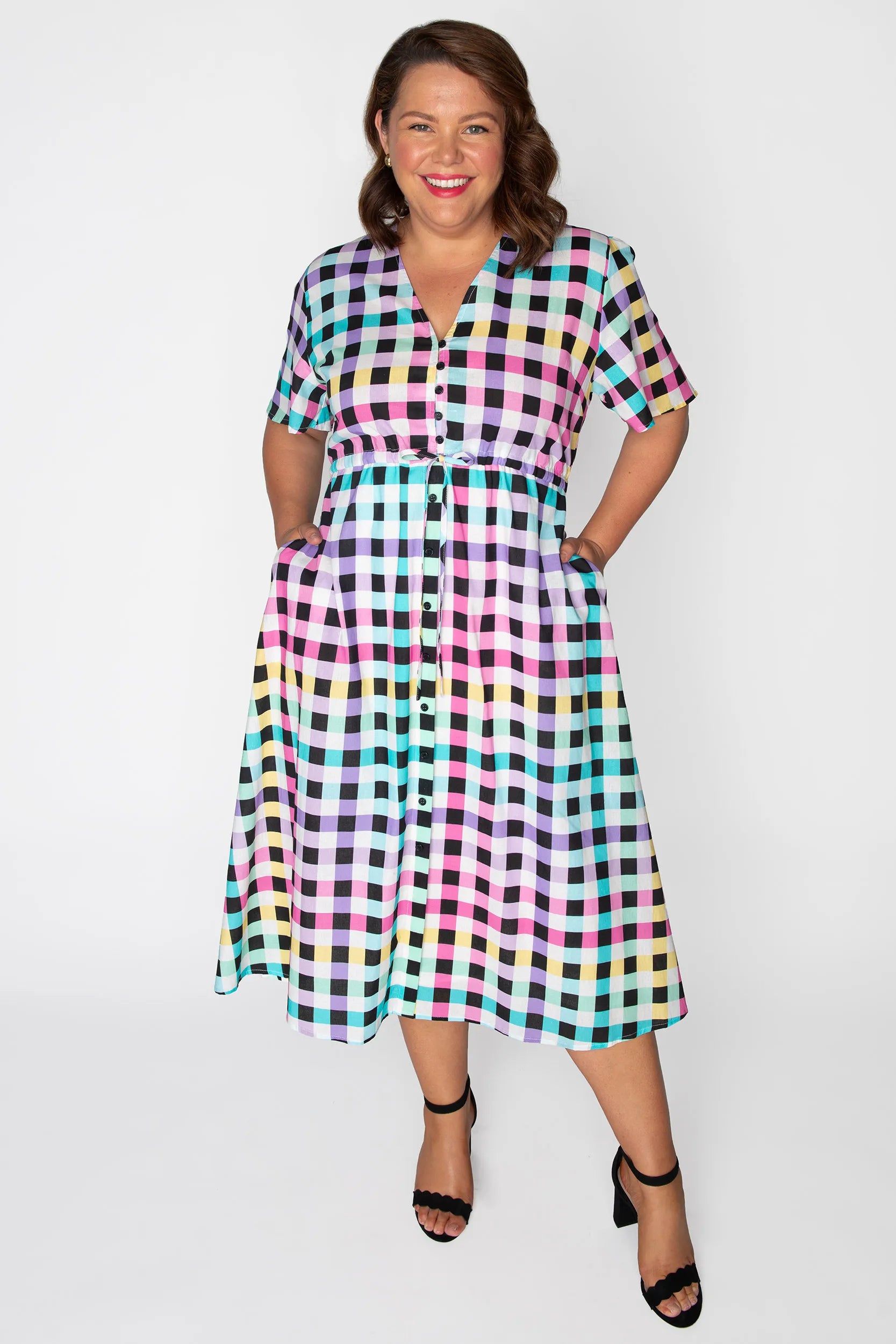 Marley Cotton Black Rainbow Gingham Dress – Black Rainbow Gingham midi dress