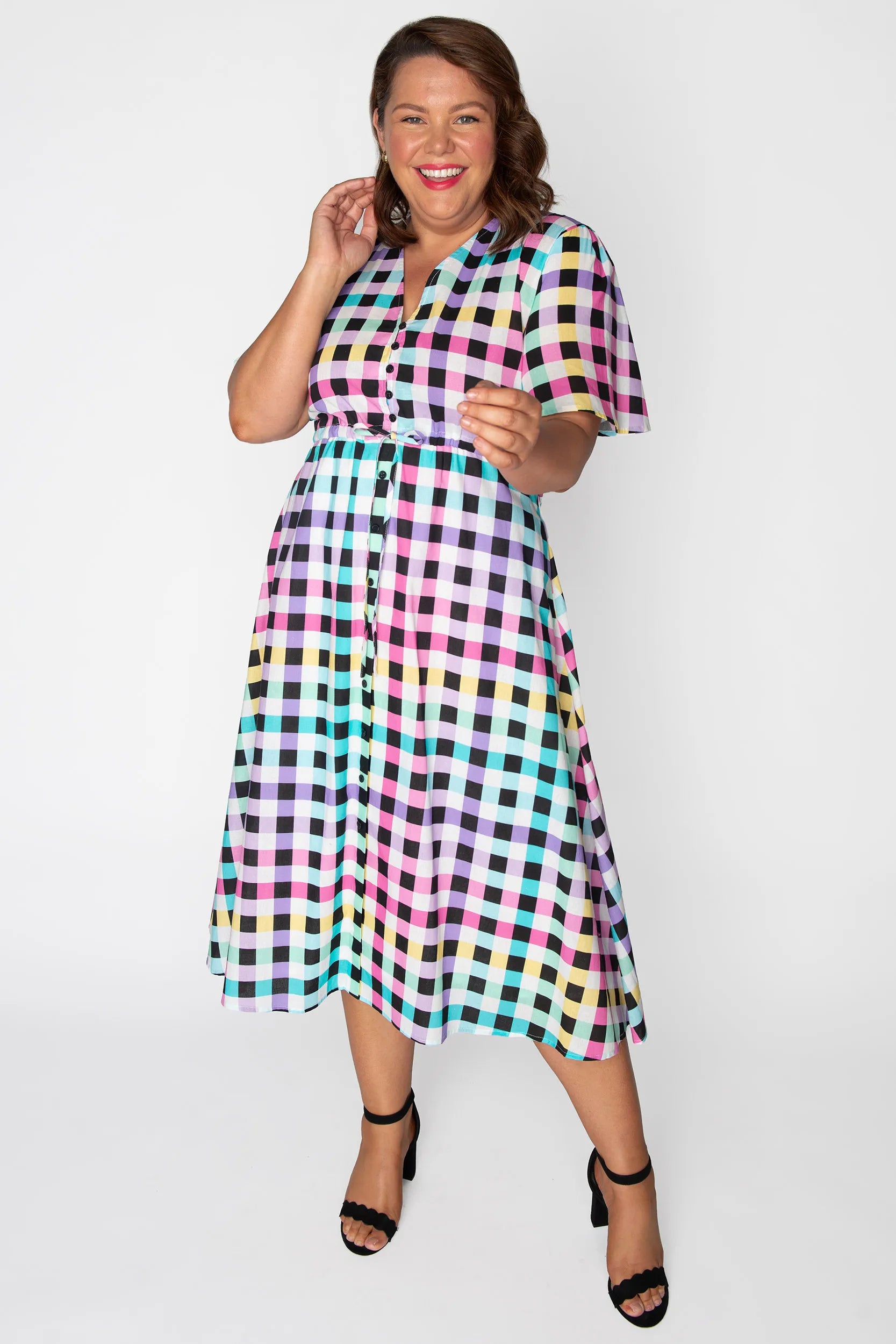 Marley Cotton Black Rainbow Gingham Dress – Black Rainbow Gingham midi dress