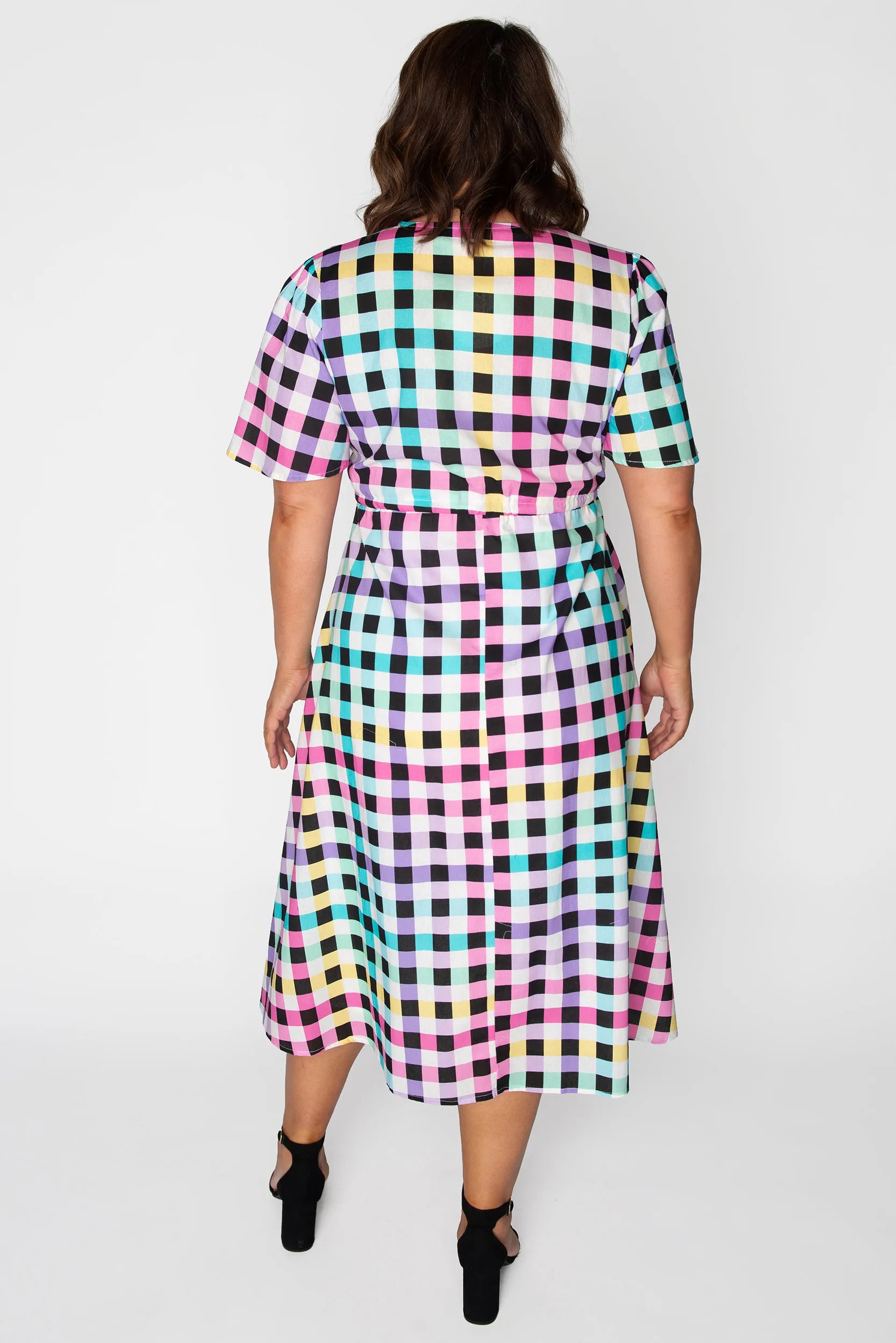 Marley Cotton Black Rainbow Gingham Dress – Black Rainbow Gingham midi dress