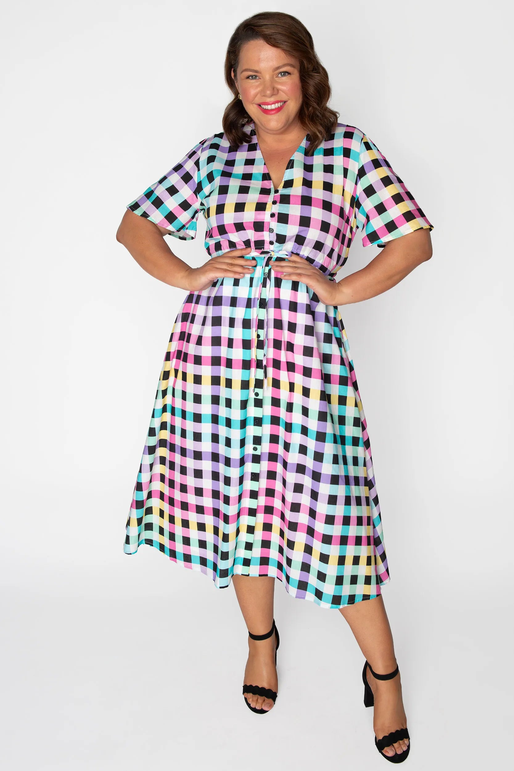 Marley Cotton Black Rainbow Gingham Dress – Black Rainbow Gingham midi dress