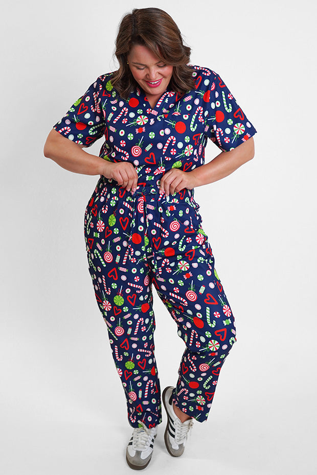 Cristina Candy Crush Christmas Scrub Pant – Candy Crush Christmas wide leg pants