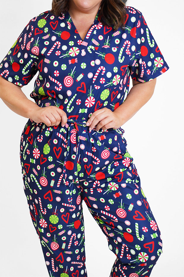 Cristina Candy Crush Christmas Scrub Pant – Candy Crush Christmas wide leg pants