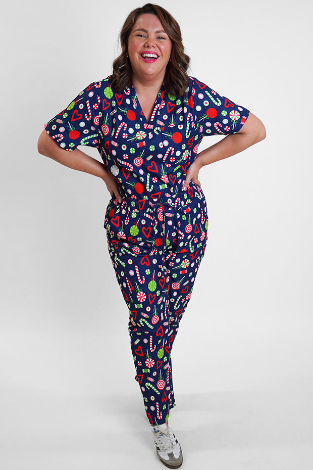 Cristina Candy Crush Christmas Scrub Pant – Candy Crush Christmas wide leg pants