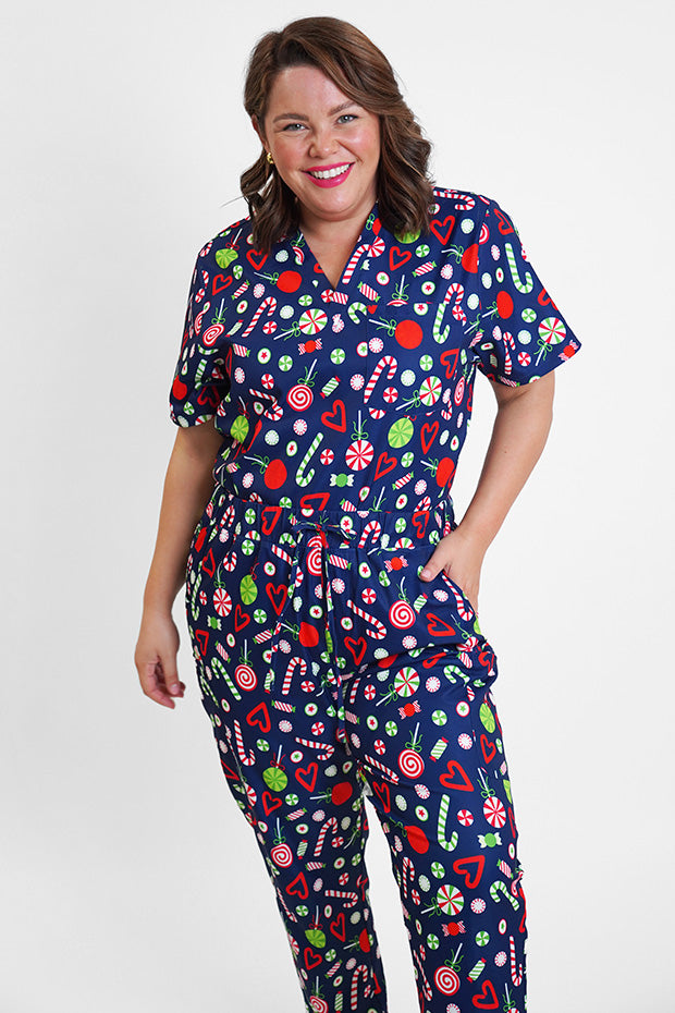 Cristina Candy Crush Christmas Scrub Pant – Candy Crush Christmas wide leg pants
