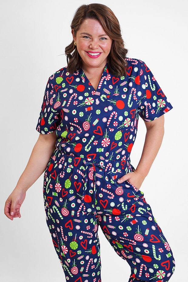 Cristina Candy Crush Christmas Scrub Pant – Candy Crush Christmas wide leg pants