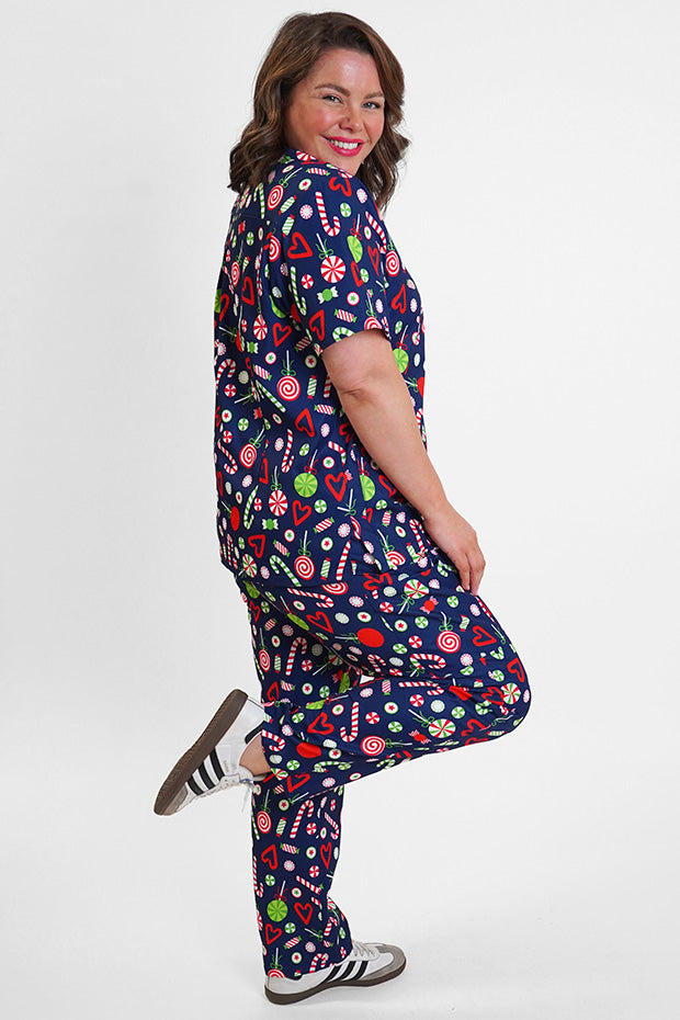 Cristina Candy Crush Christmas Scrub Pant – Candy Crush Christmas wide leg pants