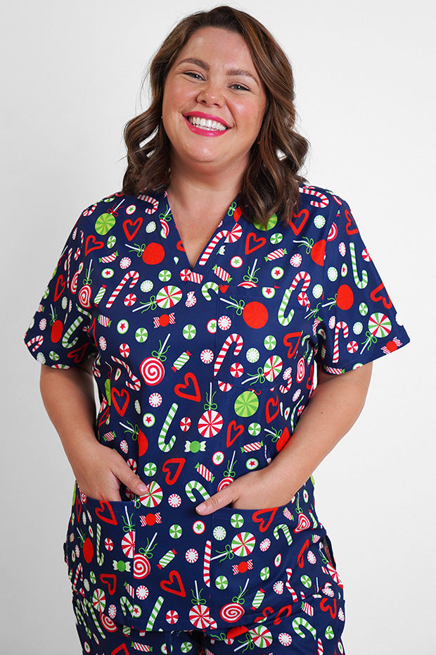 Meredith Candy Crush Christmas Scrub Top – Candy Crush Christmas top